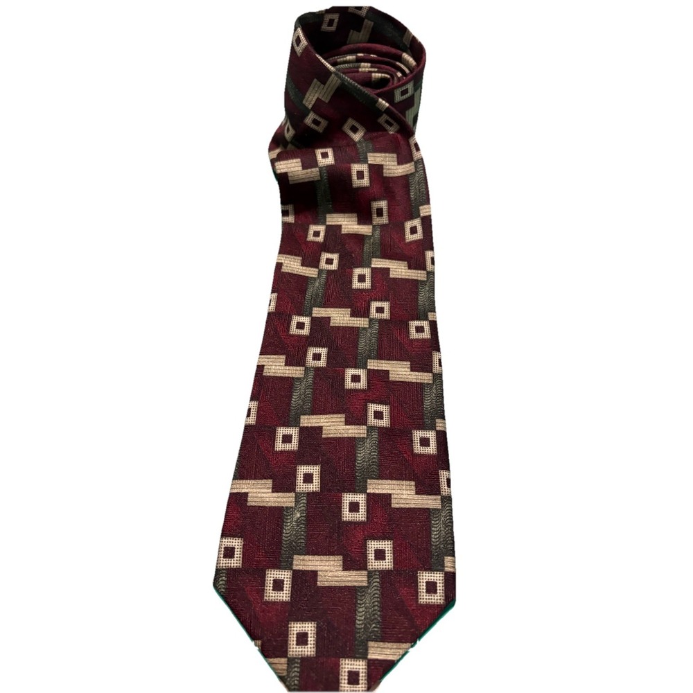 Vintage Arden Cravats Silk Tie Geometric Burgundy Tan Made In USA Mens Necktie